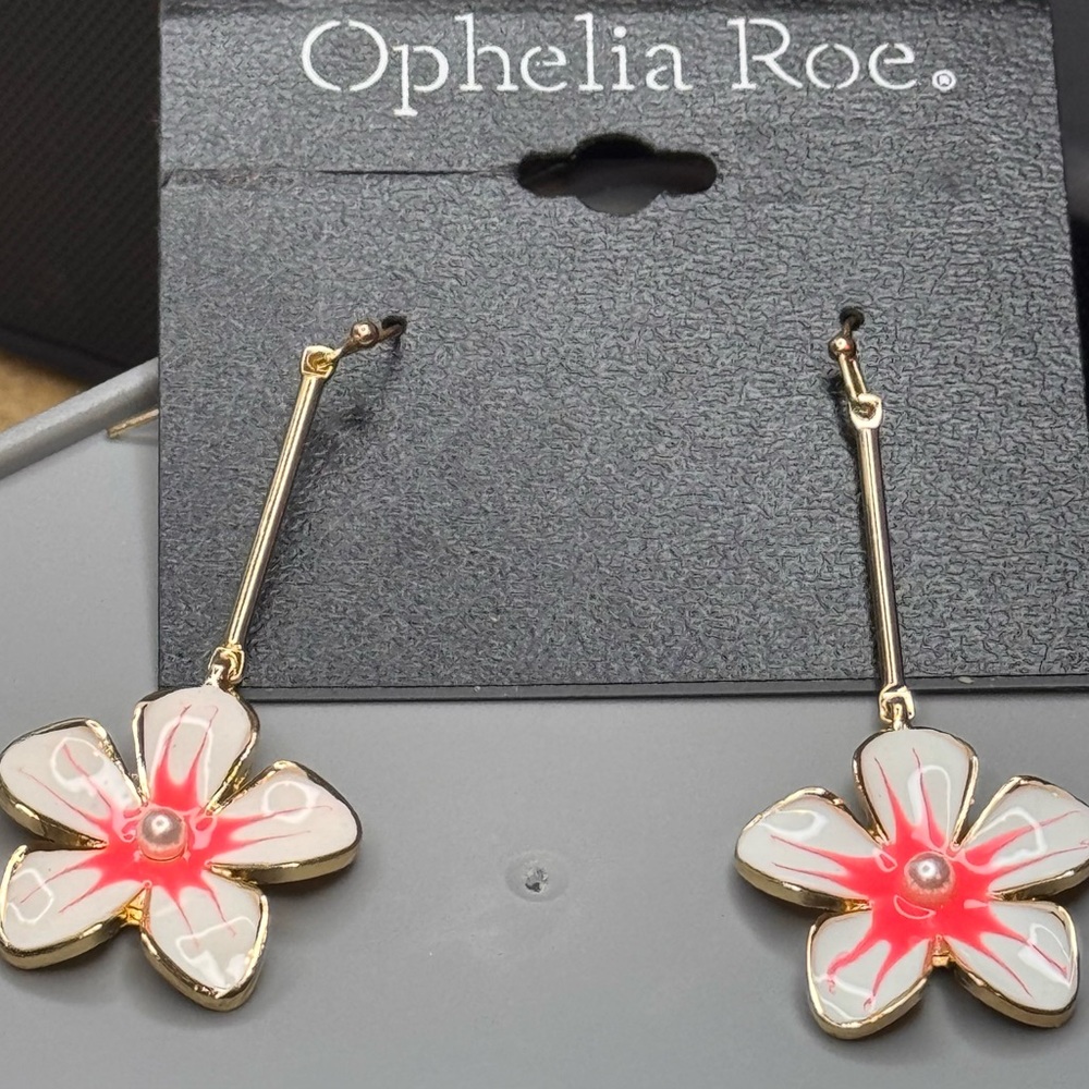 Gold and Red Floral Earrings 2.25in